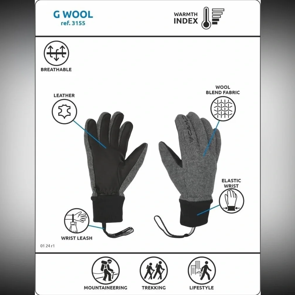 Camp G Wool Leather Winter Insulated Gloves Wrist Strap Black Gray Unisex XS